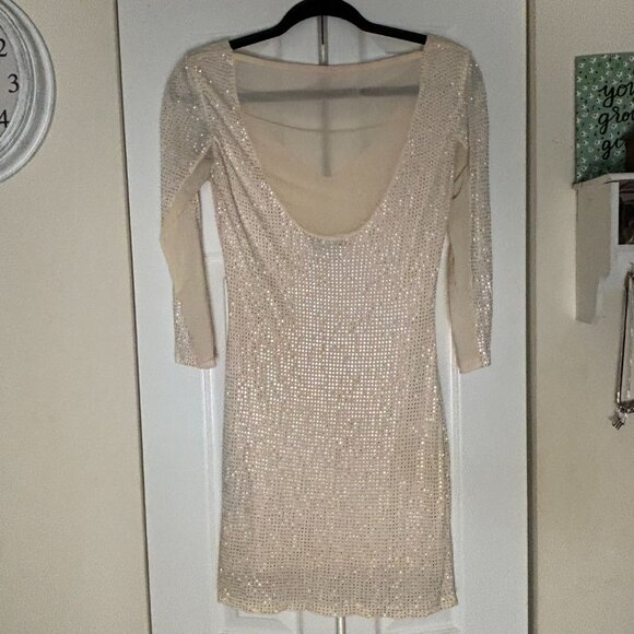 Bebe Light Pink Sparkly Gemstone Longsleeve Bodycon Dress XS - Picture 2 of 10